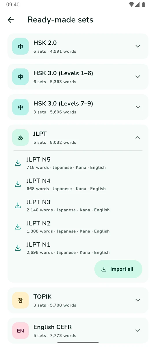 The ready-made sets browser with HSK, JLPT, TOPIK and CEFR groups; the JLPT group is open showing N5 to N1 with their word counts.