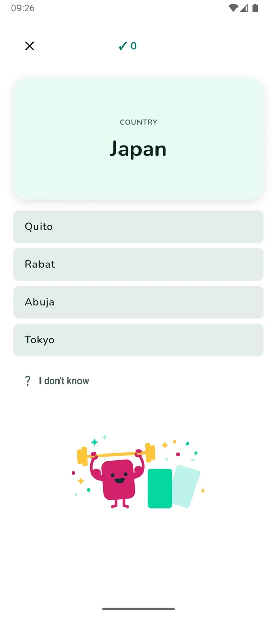 Multiple choice: the country Japan with four capital options and an I don't know button.