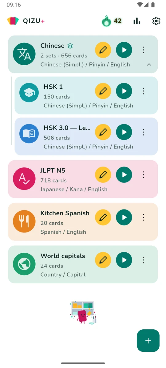 The QIZU home screen: a tree of sets with a Chinese group opened to show HSK 1 and HSK 3.0 Level 1, plus JLPT N5, Kitchen Spanish and World capitals, and a 42-day streak flame in the app bar.