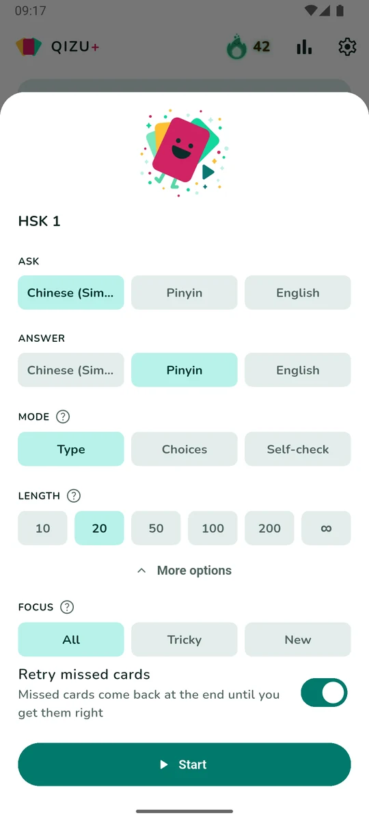 The test setup sheet: Ask and Answer side pickers, a mode row of Type, Choices and Self-check, a length row of 10 to 200 and infinity, a focus row of All, Tricky and New, and a retry-missed switch.