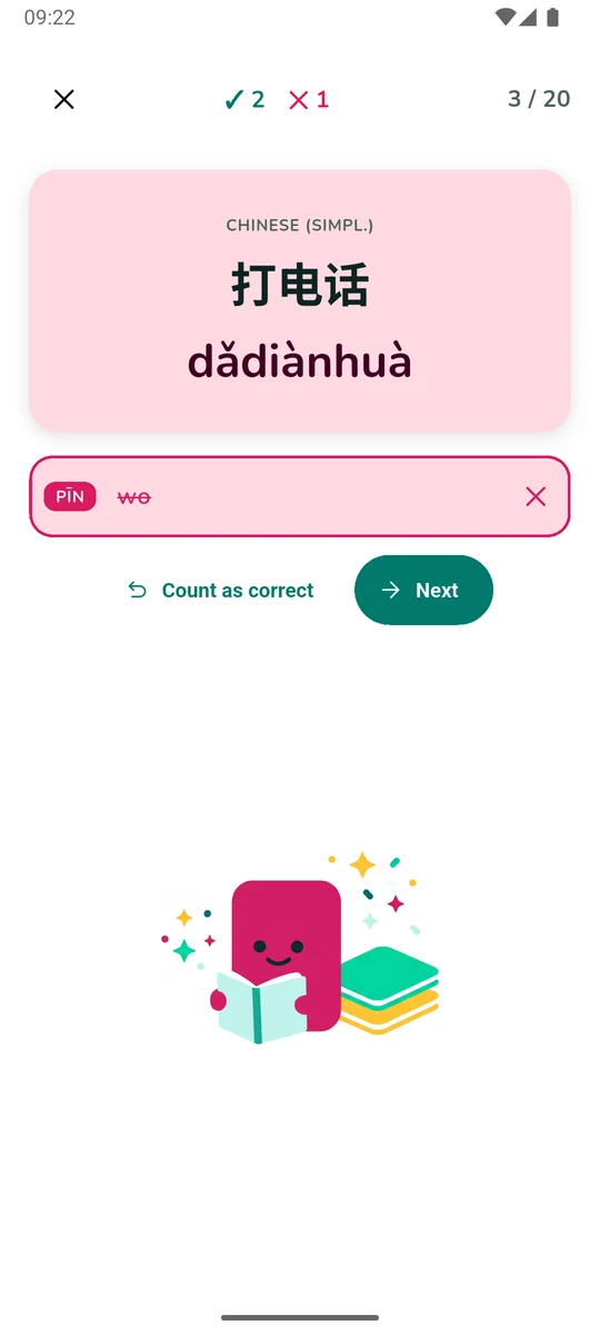 A wrong typed answer: the card flashes magenta and shows the expected answer, with the typed answer struck through and a Count as correct button.